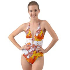 Can Walk On Volcano Fire, White Background Halter Cut-out One Piece Swimsuit by picsaspassion