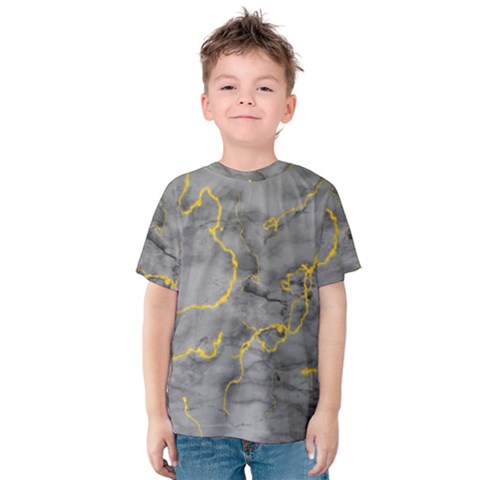 Marble Neon Retro Light Gray With Gold Yellow Veins Texture Floor Background Retro Neon 80s Style Neon Colors Print Luxuous Real Marble Kids  Cotton Tee by genx