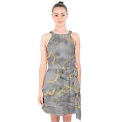 Marble Neon Retro Light Gray With Gold Yellow Veins Texture Floor Background Retro Neon 80s Style Neon Colors Print Luxuous Real Marble Halter Collar Waist Tie Chiffon Dress by genx