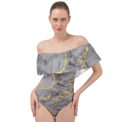 Marble Neon Retro Light Gray With Gold Yellow Veins Texture Floor Background Retro Neon 80s Style Neon Colors Print Luxuous Real Marble Off Shoulder Velour Bodysuit  by genx