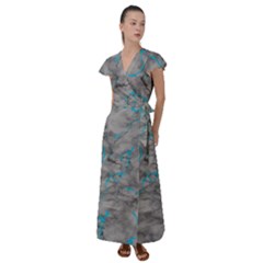 Marble Light Gray With Bright Cyan Blue Veins Texture Floor Background Retro Neon 80s Style Neon Colors Print Luxuous Real Marble Flutter Sleeve Maxi Dress by genx