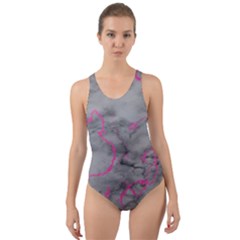 Marble Light Gray With Bright Magenta Pink Veins Texture Floor Background Retro Neon 80s Style Neon Colors Print Luxuous Real Marble Cut-out Back One Piece Swimsuit by genx