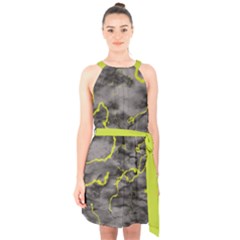 Marble Light Gray With Green Lime Veins Texture Floor Background Retro Neon 80s Style Neon Colors Print Luxuous Real Marble Halter Collar Waist Tie Chiffon Dress by genx