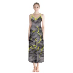 Marble Light Gray With Green Lime Veins Texture Floor Background Retro Neon 80s Style Neon Colors Print Luxuous Real Marble Button Up Chiffon Maxi Dress by genx