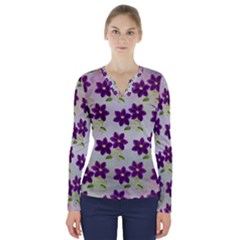 Purple Flower V-neck Long Sleeve Top by HermanTelo