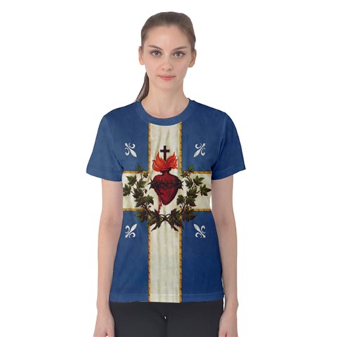 Quebec Flag Drapeau Québec Patriote Carillon Sacré-coeur Christian Catholic Old Vintage With Fleurs De Lys Women s Cotton Tee by Quebec