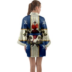 Quebec Flag Drapeau Québec Patriote Carillon Sacré-coeur Christian Catholic Old Vintage With Fleurs De Lys Long Sleeve Satin Kimono by Quebec