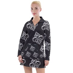 French France Fleur De Lys Metal Pattern Black And White Antique Vintage Black Rocker Women s Long Sleeve Casual Dress by Quebec