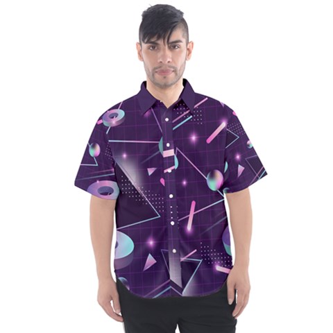 Retrowave Aesthetic Vaporwave Retro Memphis Pattern 80s Design Geometrical Shapes Futurist Pink Blue 3d Men s Short Sleeve Shirt by genx