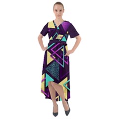 Retrowave Aesthetic Vaporwave Retro Memphis Triangle Pattern 80s Yellow Turquoise Purple Front Wrap High Low Dress by genx