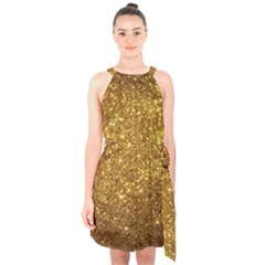 Gold Glitters Metallic Finish Party Texture Background Faux Shine Pattern Halter Collar Waist Tie Chiffon Dress by genx