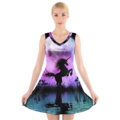 Wonderful Unicorn With Fairy In The Night V-neck Sleeveless Dress by FantasyWorld7