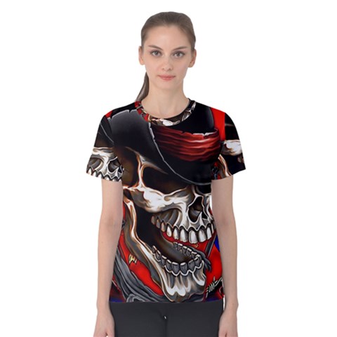 Confederate Flag Usa America United States Csa Civil War Rebel Dixie Military Poster Skull Women s Cotton Tee by Sapixe