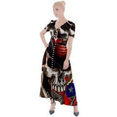 Confederate Flag Usa America United States Csa Civil War Rebel Dixie Military Poster Skull Button Up Short Sleeve Maxi Dress by Sapixe