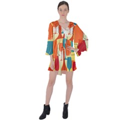 I Love Wine V-neck Flare Sleeve Mini Dress by designsbymallika