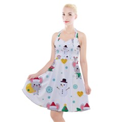 Christmas Seamless Pattern With Cute Kawaii Mouse Halter Party Swing Dress  by Vaneshart