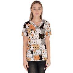 Cute Cat Kitten Cartoon Doodle Seamless Pattern Women s V-neck Scrub Top by Vaneshart