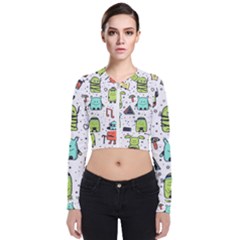 Seamless Pattern With Funny Monsters Cartoon Hand Drawn Characters Colorful Unusual Creatures Long Sleeve Zip Up Bomber Jacket by Nexatart