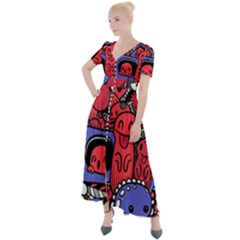 Abstract Grunge Urban Pattern With Monster Character Super Drawing Graffiti Style Vector Illustratio Button Up Short Sleeve Maxi Dress by Nexatart