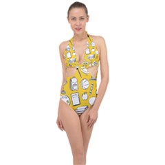 Pattern With Basketball Apple Paint Back School Illustration Halter Front Plunge Swimsuit by Nexatart