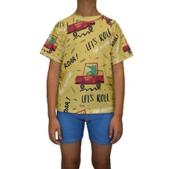 Childish Seamless Pattern With Dino Driver Kids  Short Sleeve Swimwear by Vaneshart