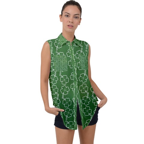 St Patricks Day Sleeveless Chiffon Button Shirt by Valentinaart