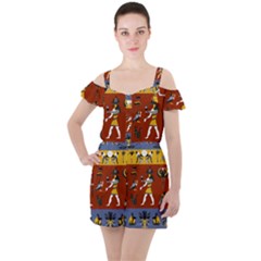Ancient Egyptian Religion Seamless Pattern Ruffle Cut Out Chiffon Playsuit by Wegoenart