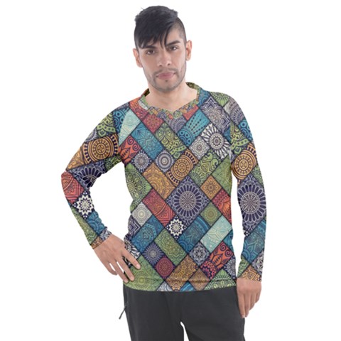 Diagonal Floral Tiles Pattern Men s Pique Long Sleeve Tee by Wegoenart