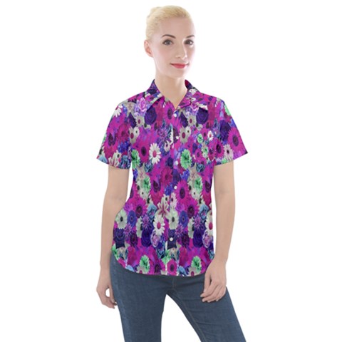 Fantasy Garden Purple Women s Short Sleeve Pocket Shirt by retrotoomoderndesigns