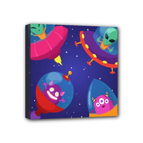 Cartoon Funny Aliens With Ufo Duck Starry Sky Set Mini Canvas 4  X 4  (stretched) by Vaneshart