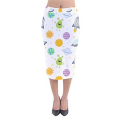Seamless Pattern Cartoon Space Planets Isolated White Background Velvet Midi Pencil Skirt by Vaneshart