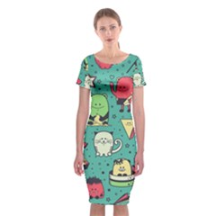 Seamless Pattern With Funny Monsters Cartoon Hand Drawn Characters Unusual Creatures Classic Short Sleeve Midi Dress by Vaneshart