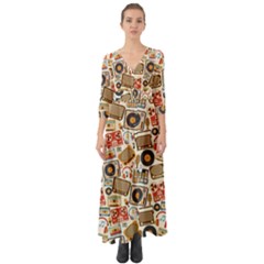 Music Retro Seamless Pattern Button Up Boho Maxi Dress by Vaneshart