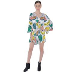 Seamless Pattern Tropical Fruit Banana Watermelon Papaya Lemon Orange Monstera V-neck Flare Sleeve Mini Dress by Vaneshart