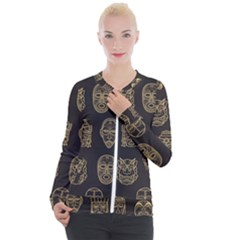 Indian Aztec African Historic Tribal Mask Seamless Pattern Casual Zip Up Jacket by Vaneshart
