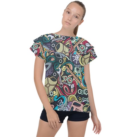 Cartoon-cute-doodles-hand-drawn-auto-service-seamless-pattern Ruffle Collar Chiffon Blouse by Vaneshart