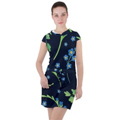 Abstract Wildflowers Dark Blue Background-blue Flowers Blossoms Flat Retro Seamless Pattern Daisy Drawstring Hooded Dress by BangZart