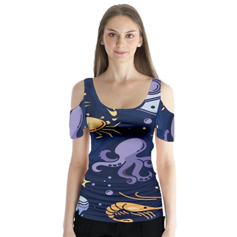Marine Seamless Pattern Thin Line Memphis Style Butterfly Sleeve Cutout Tee  by BangZart