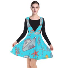 Colored Sketched Sea Elements Pattern Background Sea Life Animals Illustration Plunge Pinafore Dress by BangZart
