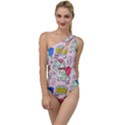 Seamless pattern with many funny cute superhero dinosaurs t rex mask cloak with comics style To One Side Swimsuit View1