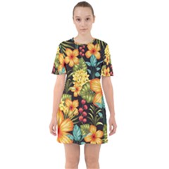 Fabulous Colorful Floral Seamless Sixties Short Sleeve Mini Dress by BangZart