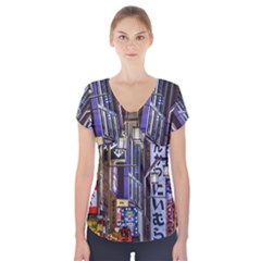 Shinjuku District Urban Night Scene, Tokyo Japan Short Sleeve Front Detail Top by dflcprintsclothing