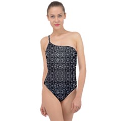 Black And White Ethnic Ornate Pattern Classic One Shoulder Swimsuit by dflcprintsclothing