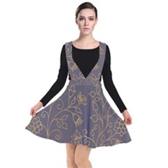 Seamless Pattern Gold Floral Ornament Dark Background Fashionable Textures Golden Luster Plunge Pinafore Dress by BangZart