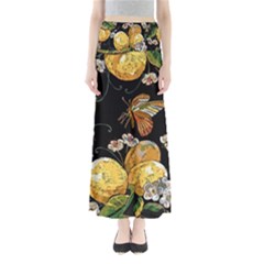 Embroidery Blossoming Lemons Butterfly Seamless Pattern Full Length Maxi Skirt by BangZart