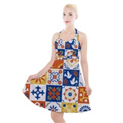 Mexican Talavera Pattern Ceramic Tiles With Flower Leaves Bird Ornaments Traditional Majolica Style Halter Party Swing Dress  by BangZart