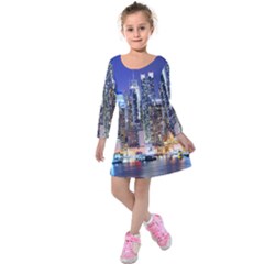 New-york Cityscape  Kids  Long Sleeve Velvet Dress by Dushan