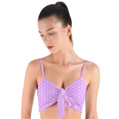 White Polka Dot Pastel Purple Background, Pink Color Vintage Dotted Pattern Woven Tie Front Bralet by Casemiro