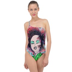 Headphones Girl W Cherries Classic One Shoulder Swimsuit by snowwhitegirl