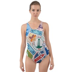 Travel Pattern Immigration Stamps Stickers With Historical Cultural Objects Travelling Visa Immigrant Cut-out Back One Piece Swimsuit by Amaryn4rt